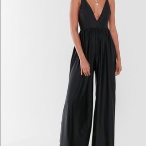 UO Gia Plunging Shimmer Jumpsuit - Black, Size Small
